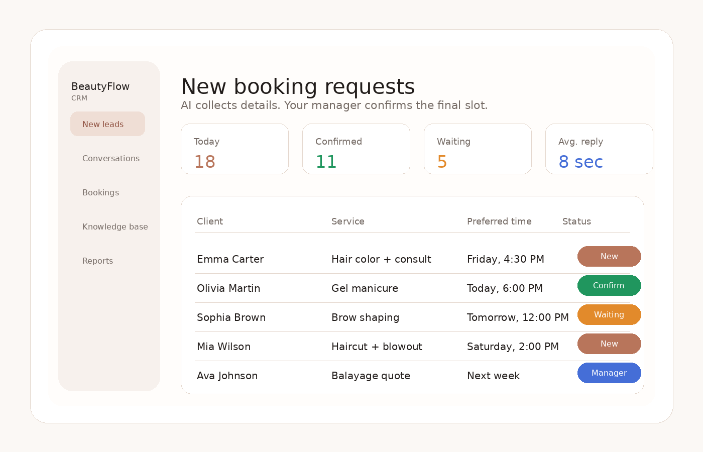 English dashboard with salon booking requests
